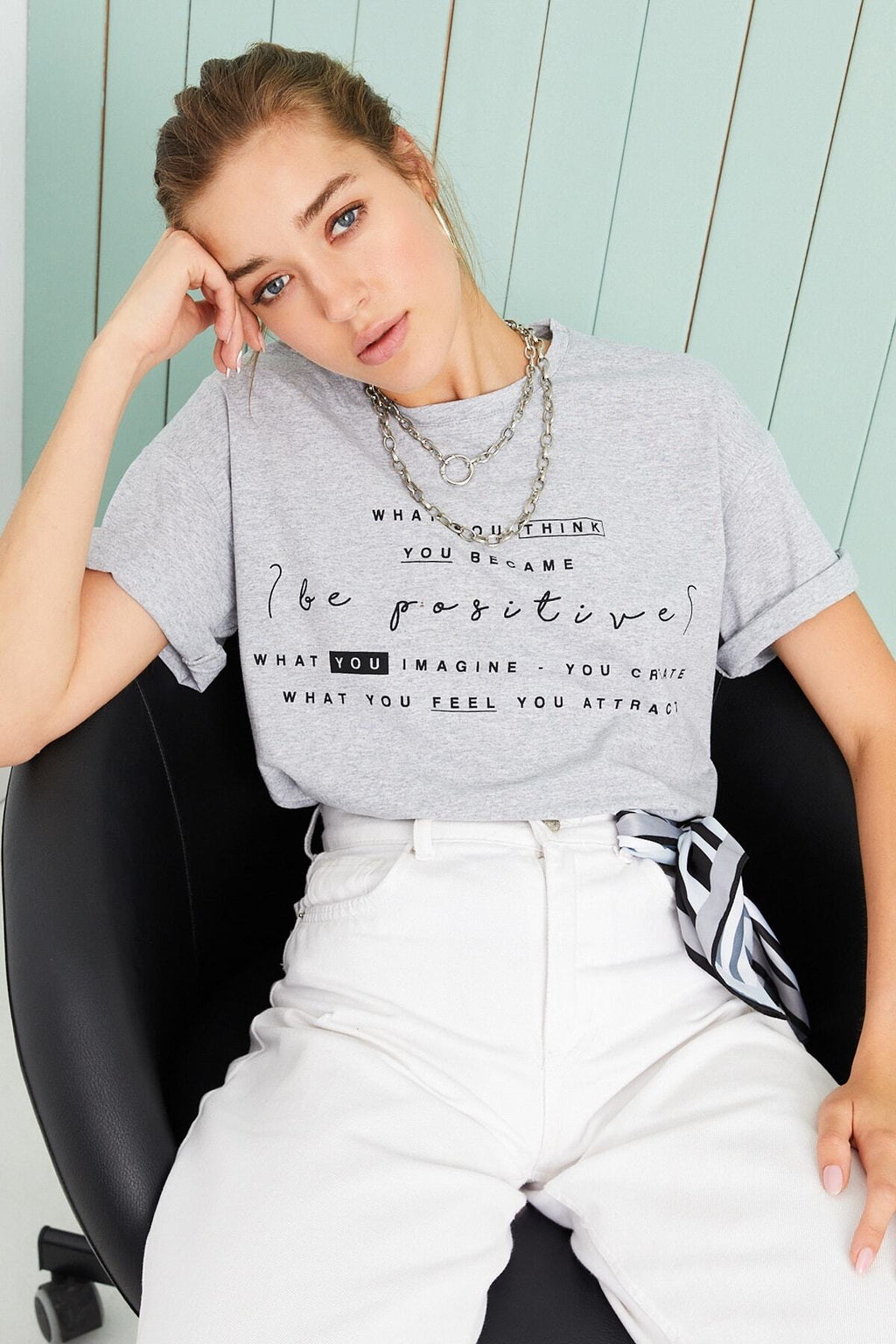 Kadın Gri Be Positive Baskılı Tshirt
