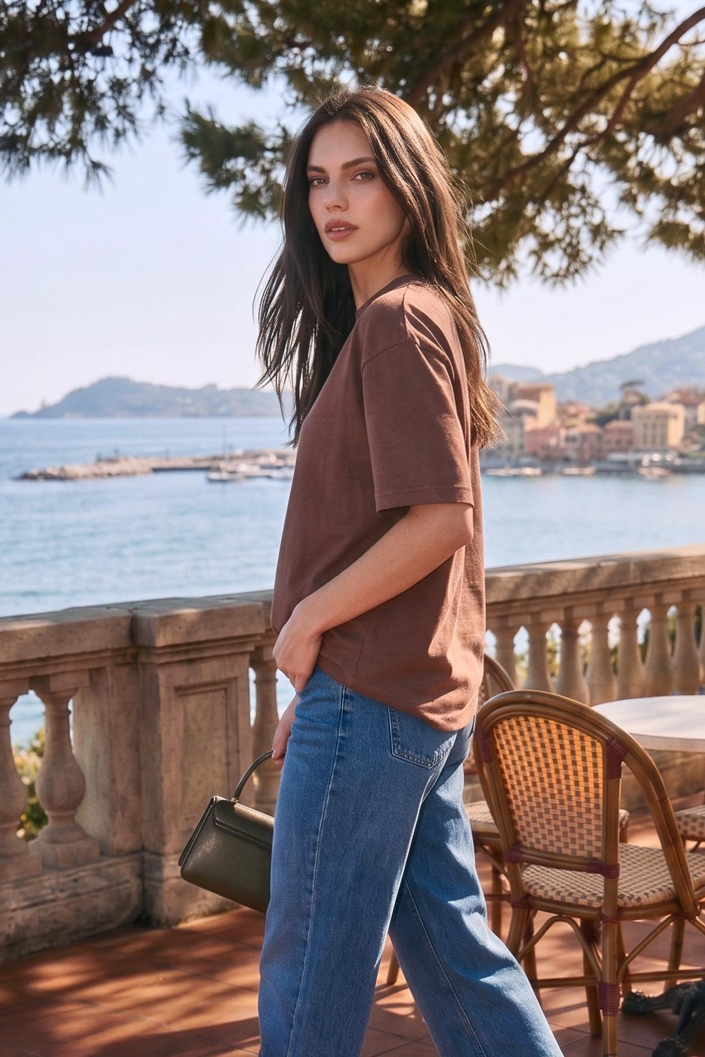 Kadın Bisiklet Yaka Pamuklu Oversize Relaxed Kısa Kol T-shirt Kahverengi