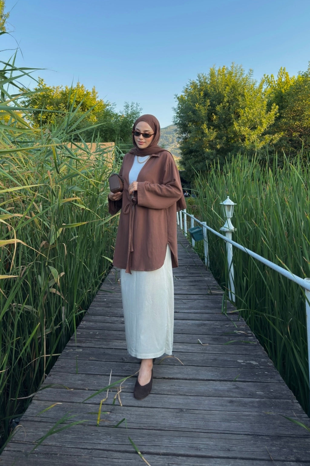 Kadın Acı Kahve Bağlama Detaylı Flam Keten Kimono