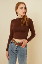 Kadın Acı Kahve Yarım Balıkçı Crop Bluz