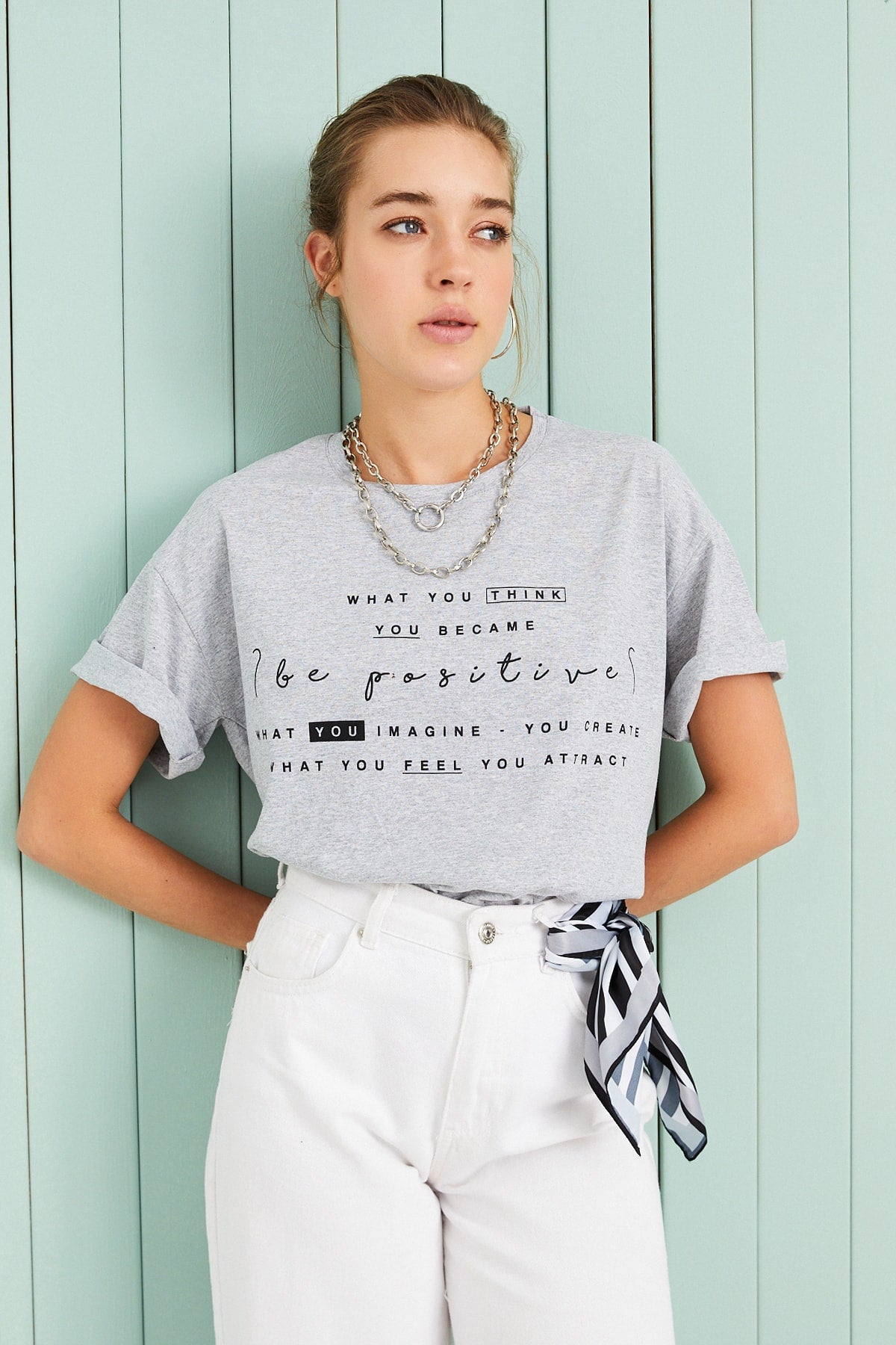 Kadın Gri Be Positive Baskılı Tshirt