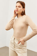 Kadın Krem Bisiklet Yaka Body