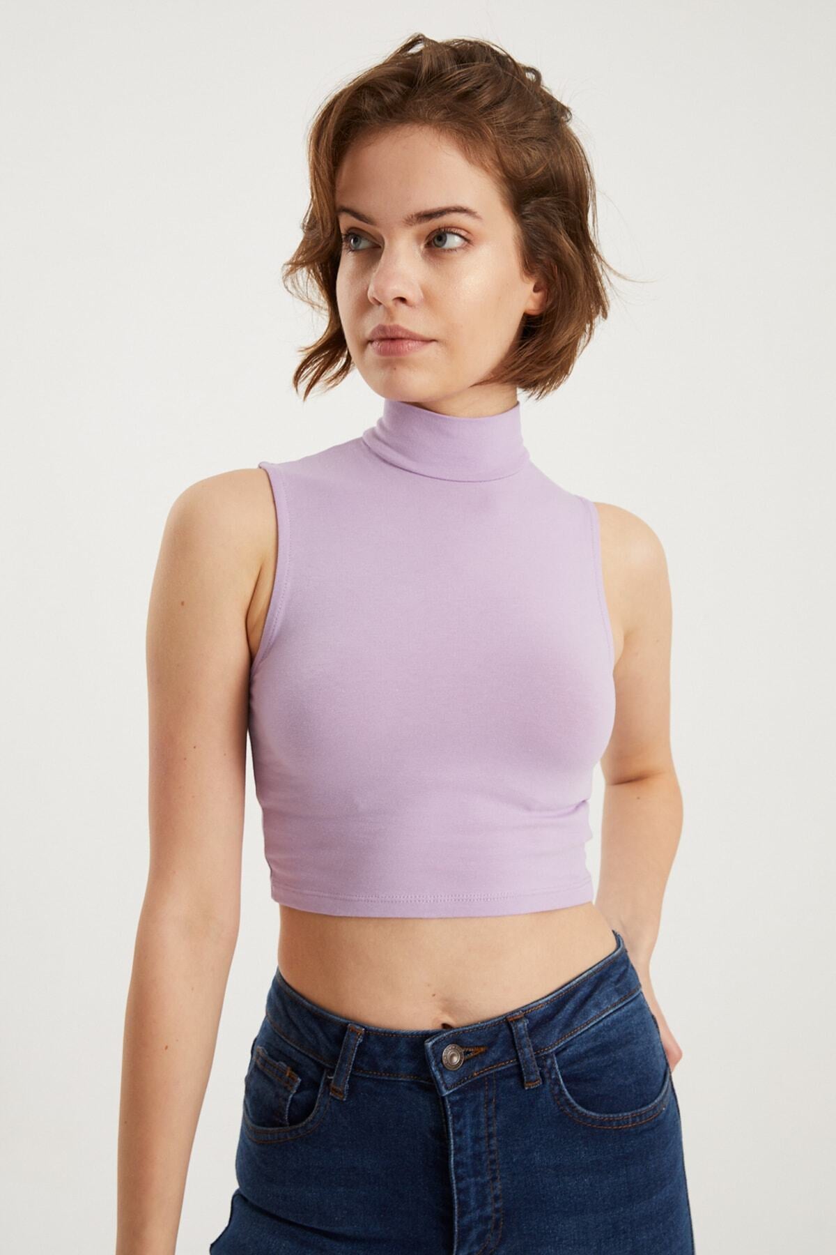 Kadın Lila Balıkçı Yaka Sıfır Kol Crop Bluz
