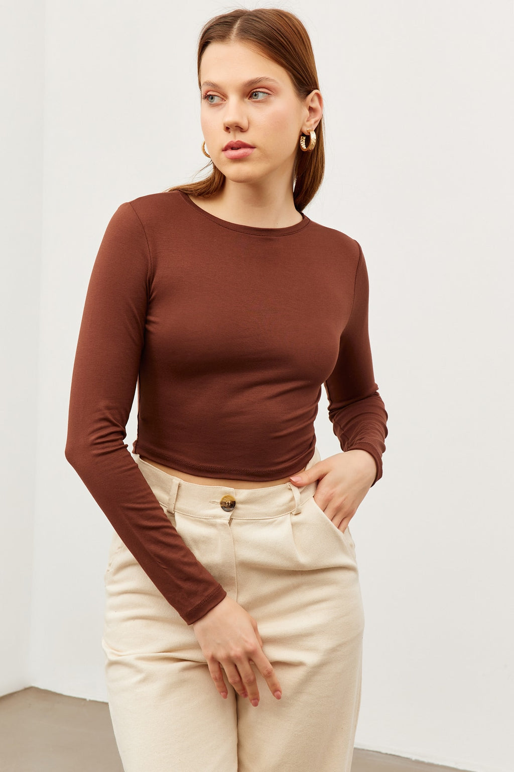 Kadın Acı Kahve Bisiklet Yaka Yarım Balıkçı Crop Bluz