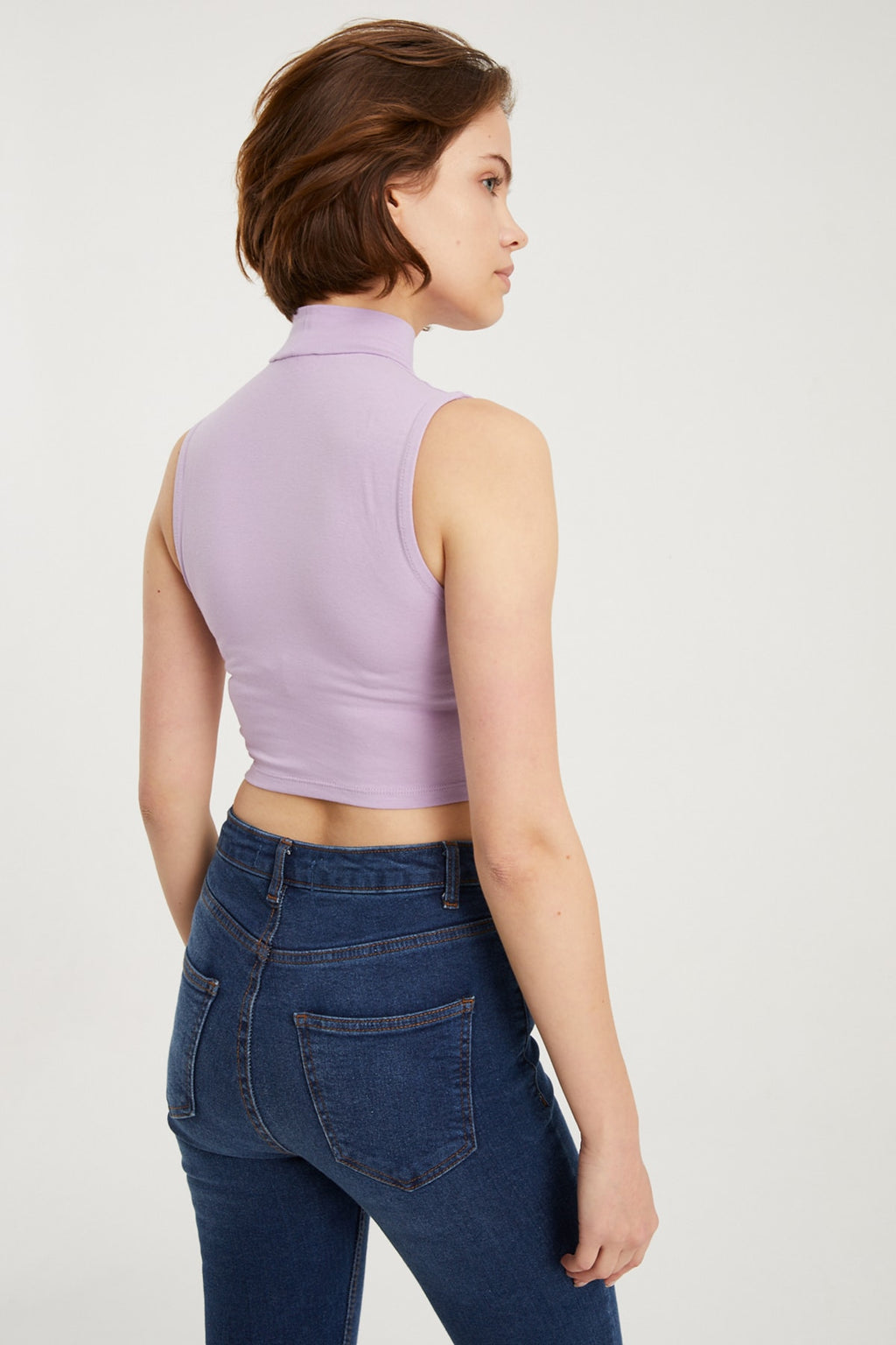 Kadın Lila Balıkçı Yaka Sıfır Kol Crop Bluz