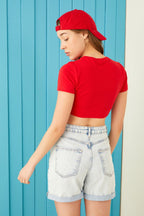 Kadın Kırmızı Pamuklu Likralı Crop Tshirt