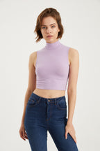 Kadın Lila Balıkçı Yaka Sıfır Kol Crop Bluz