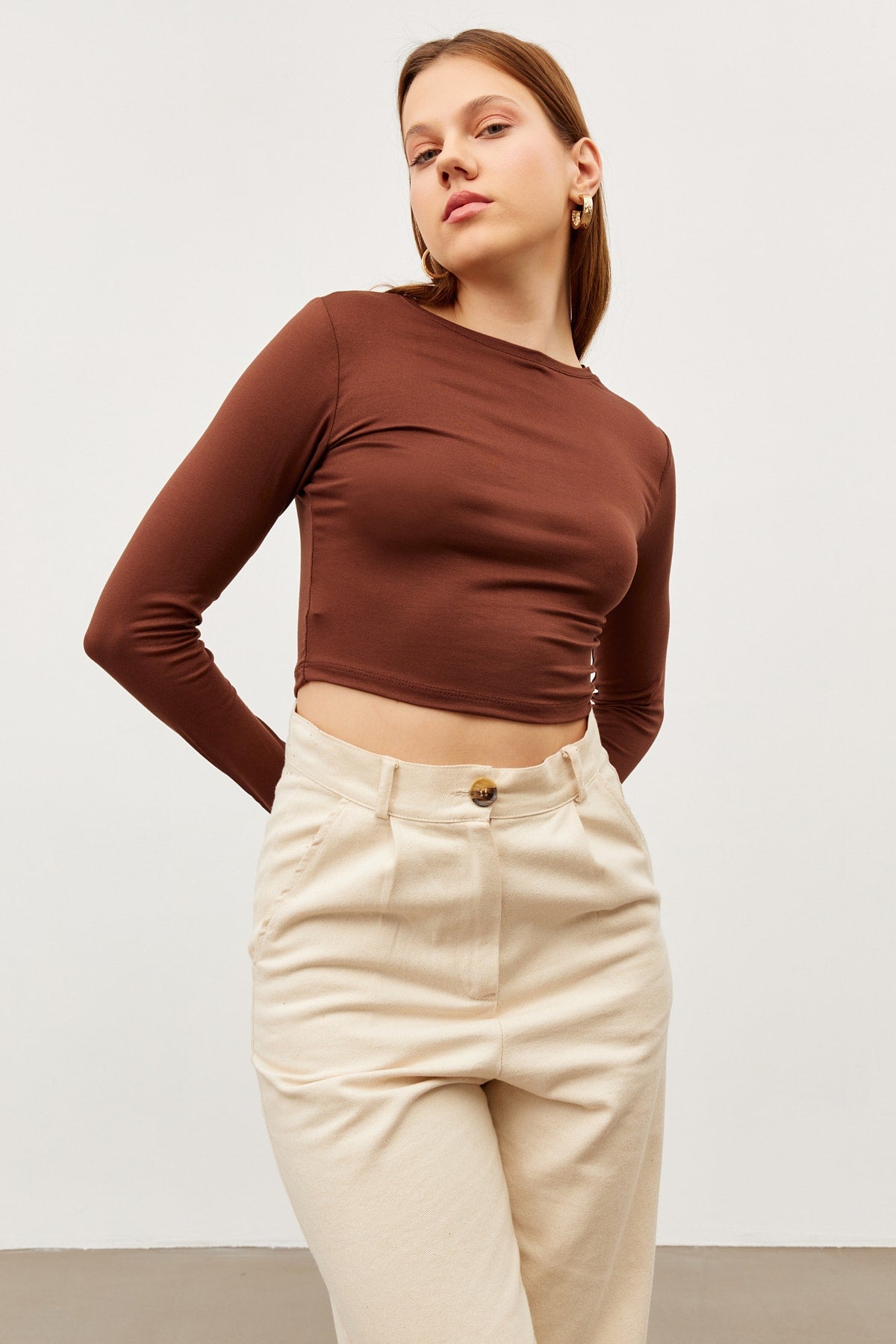Kadın Acı Kahve Bisiklet Yaka Yarım Balıkçı Crop Bluz