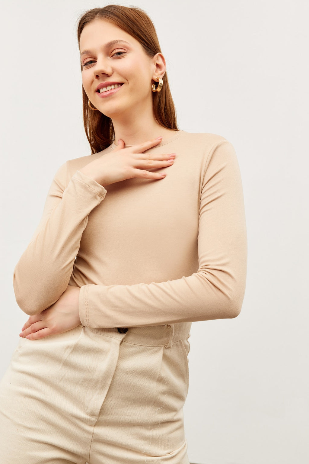 Kadın Krem Bisiklet Yaka Body