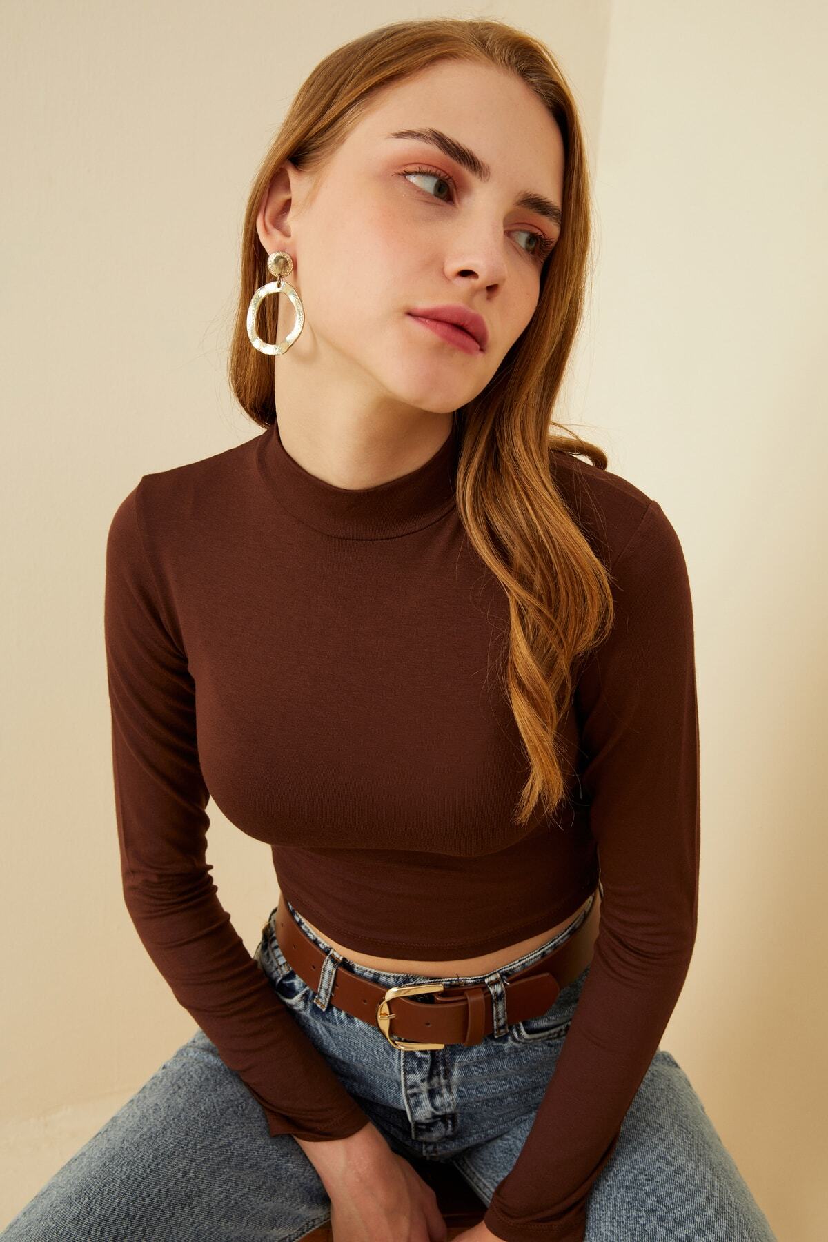 Kadın Acı Kahve Yarım Balıkçı Crop Bluz