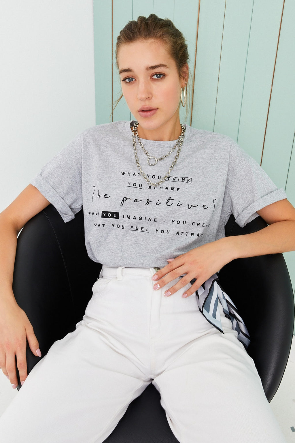 Kadın Gri Be Positive Baskılı Tshirt